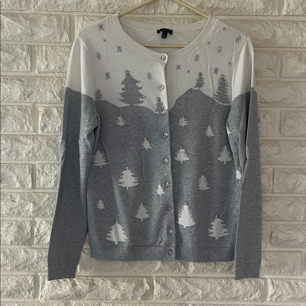 Talbots Scenic Gray and Cream Cardigan